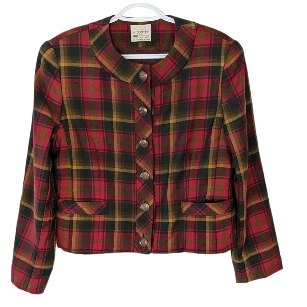 Vintage proportion petite tartan red wool blend crop blazer jacket Medium B3